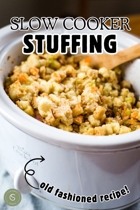 stuffing in slow cooker with wooden spoon Slow Cooker Stuffing Thanksgiving, Cheesy Hashbrown Casserole Easy, Crockpot Stuffing Thanksgiving, Slow Cooker Stuffing, Stuffing Recipes Crockpot, Crockpot Thanksgiving, Crockpot Stuffing, Hashbrown Casserole Easy, Stuffing Thanksgiving