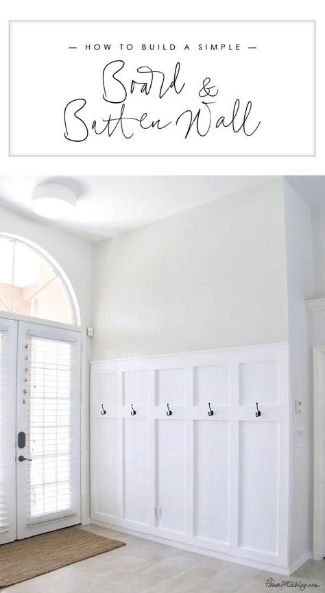 How to build a simple board and batten wall in entryway - moulding panels wainscotting board and batten moulding wall entryway mudroom diy tutorial Entryway Moulding, Simple Board And Batten, Moulding Wall, Wall Entryway, Batten Wall, Board And Batten Wall, Farmhouse Side Table, Stem Challenge, Entryway Mudroom