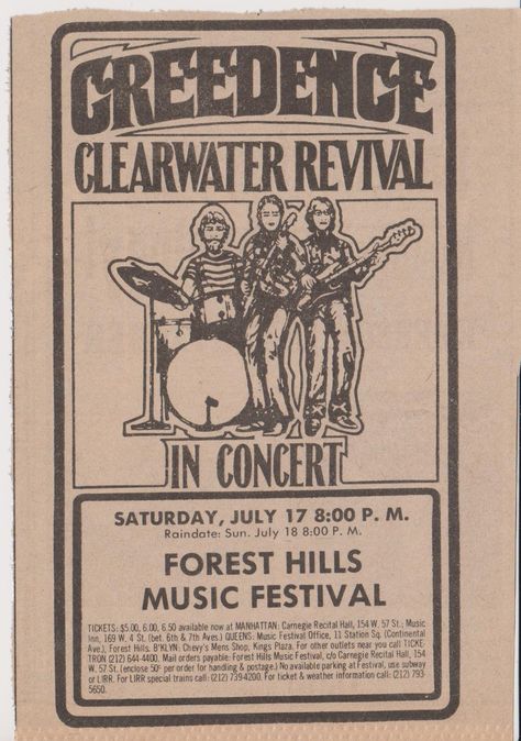 Creedence Clearwater Revival at Forest Hills Music Festival 1971 Creedance Clear Water Revival, Concert Promotion, Concert Flyers, Forest Hills New York, John Fogerty, Stop The Rain, Vintage Concert Posters, Vintage Music Posters, Creedence Clearwater Revival