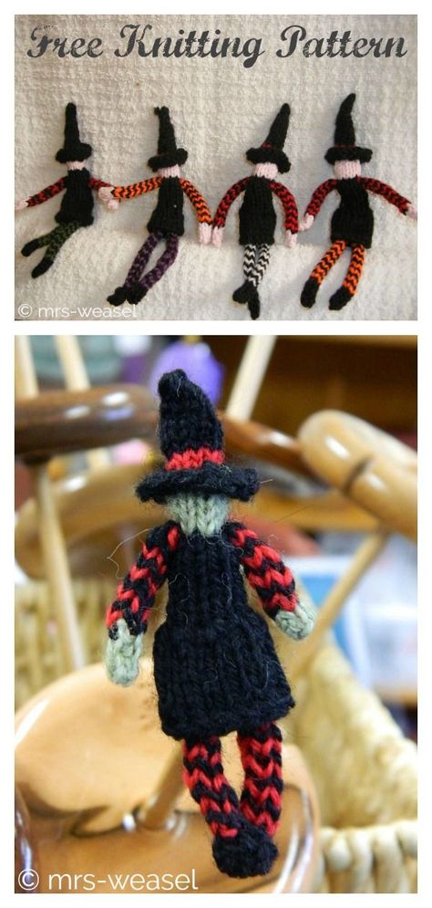 Tiny Halloween Witch Free Knitting Pattern #freeknittingpattern  #halloweenpatterns  #witchcraft  #knittingdoll Witch Knitting, Halloween Knitting Patterns Free, Halloween Knitting Patterns, Halloween Knitting, Halloween Witch Dolls, Miniature Knitting, Holiday Knits, Barbie Doll Clothing Patterns, Halloween Labels