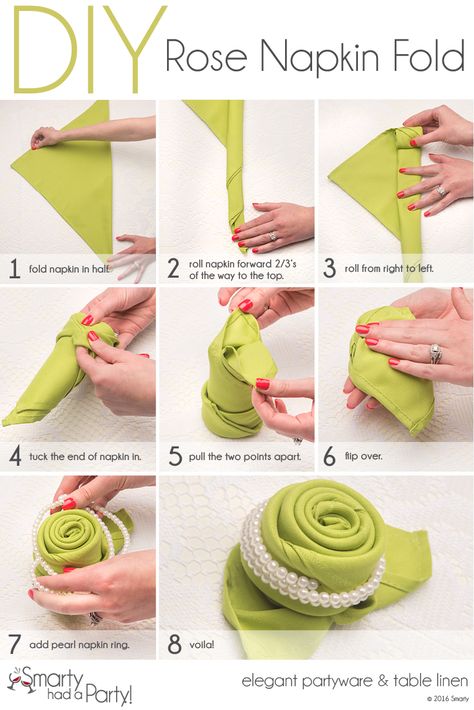 DIY Rose Napkin Fold | www.SmartyHadAParty.com Rose Napkins, Creative Napkin Fold, Diy Napkin Folding, Christmas Tree Napkin Fold, Napkin Folding Tutorial, Napkin Folds, Creative Napkins, Diy Rose, Diy Napkins