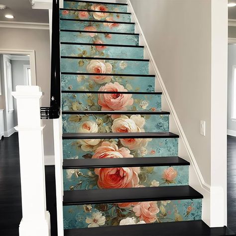 Amazon.com: Peel and Stick Vinyl Stair Riser Decals Staircase Tile Stair Stickers Abstract Art Decor Vintage Pink White Floral Decoration Mural Self-Adhesive Wallpaper (14 Pcs) : Tools & Home Improvement Top Of Stairs Wall Decor, Stairway Wall Decor, Stairs Wall Decor, Blue And Pink Living Room, Vinyl Stair Risers, Staircase Decals, Wallpaper Stairs, Vinyl Stairs, Stair Decals