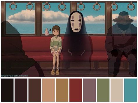 Color Palette Cinema en Instagram: “: "Spirited Away" (🇯🇵2001). •Directed by Hayao Miyazaki •Color Design: Michiyo Yasuda” Color In Film, Movie Color Palette, Color Palette Living Room, Procreate Ipad Tutorials, Cinema Colours, Color Mixing Chart, Ghibli Artwork, Design Palette, Color Film