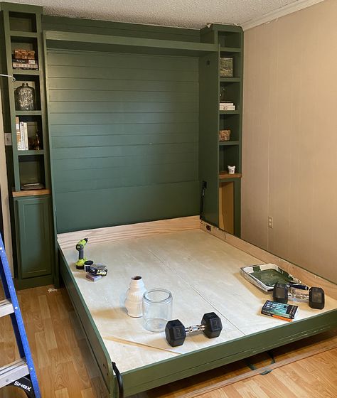 Murphy Bed Measurements, Murphy Bed Ideas For Small Spaces, Bed That Goes Into Wall, Bed On Wall Ideas, Flex Room With Murphy Bed, Murphy Bed And Playroom, Craft Room Ideas With Murphy Bed, Tiny House With Murphy Bed, Murphy Beds For Small Spaces Bedroom