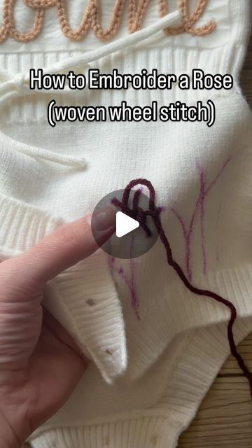 Aspen Lyn Outlet | Hand-Embroidery on Instagram: "How to embroider a rose using the woven wheel stitch. You can make these as small or as big as you like but I find an inch wide is the largest that looks good!

This is yarn bee soft and sleek yarn in a weight 4.

As always all materials to get started on embroidery are linked in my bio under my Amazon Supplies and Materials link!

Happy crafting and let me know if you have any questions. 

Always using my spice lid tip from @luna.and.june 🙌🏻🙌🏻
.
.
.
.
#diyembroidery #sulky #embroiderykit #beginnerembroidery #embroiderytutorial #embroidery #handembroidery #yarnembroidery #mamaandme #personalizedbabyclothes #babyshower #babyshowergift #newbornoutfit #announcementoutfit #newbabyannouncement #babynamesweater #customsweater #namesweater #em Amazon Supplies, Embroider Rose, Woven Wheel Stitch, Custom Sweaters, Personalized Baby Clothes, Yarn Bee, New Baby Announcements, Newborn Outfit, Hospital Bag