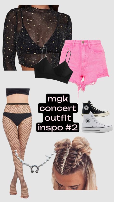 Mgk Outfits Ideas, Blink 182 Concert Makeup, Mgk Inspired Outfits, Pop Festival Outfit, Avril Concert Outfit, Avril Lavigne Concert Outfit Ideas, Mgk Concert Outfit Ideas, Avril Lavigne Outfits Ideas Concert, P!nk Concert Outfit