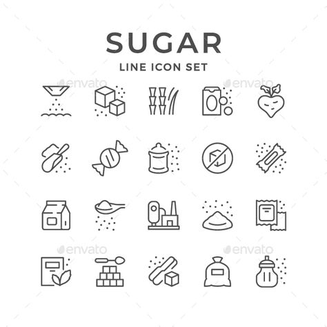 Set Line Icons of Sugar. Fully customisable set of icons. #icon #design #art #digitalArt #beetle #cane #cube #diet #disposable #food #free #health #healthy #heap #ingredient #line #material #natural #outline #package #product #raw #scoop #set #sign #spoon #stevia #stick #sugar #sweet #sweetener #symbol #vegetable Sugar Drawing, Sugar Cube Tattoo, Sugar Illustration, Food Line Illustration, Sugar Tattoo, Kitchen Icons Illustration, Kitchen Window Design, Data Visualization Design, Health Logo