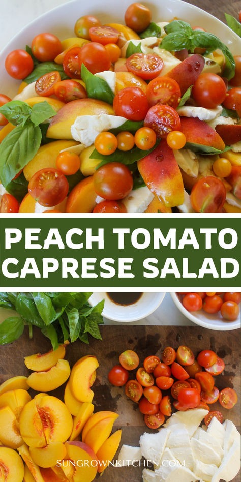 Peach Caprese Salad brings out the best in those summer ripe peaches! The classic caprese flavors with fresh mozzarella, cherry tomatoes and basil get a sweet and savory twist with fresh peaches and a honey balsamic dressing! The peach tomato combination is absolutely delicious and ready in just 15 minutes! Fresh Peach Salad Recipes, Family Side Dishes, Peach Caprese Salad, Tomato Caprese Salad, Peach Salad Recipes, Peach Caprese, Honey Balsamic Dressing, Tomato Caprese, Caprese Skewers