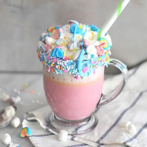 Unicorn Hot Chocolate Recipe, Cute Hot Chocolate, The Spruce Eats, Unicorn Hot Chocolate, Unicorn Day, Cozy Winter Recipes, Melted White Chocolate, Hot Chocolate Drink, Hot Chocolate Cocoa