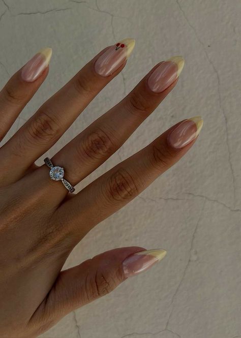 Yellow Acrylics Almond, Hailey Bieber Nails Cherry, 2024 Simple Nails, Yellow French Nails With Cherry, French Nails Yellow Tips, Lemon Tip Nails, Yellow Tip Chrome Nails, Almond Nails Basic Design, Yellow French Tip With Cherries