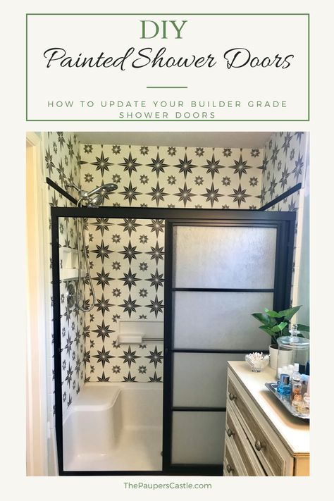 Learn how I updated my 30 year old shower doors with paint and wood trim to look brand new again. Diy Shower Door, Shower Makeover, Shower Inserts, Fiberglass Shower, Painting Shower, Farmhouse Tile, Builder Grade, Diy Shower, Shower Surround