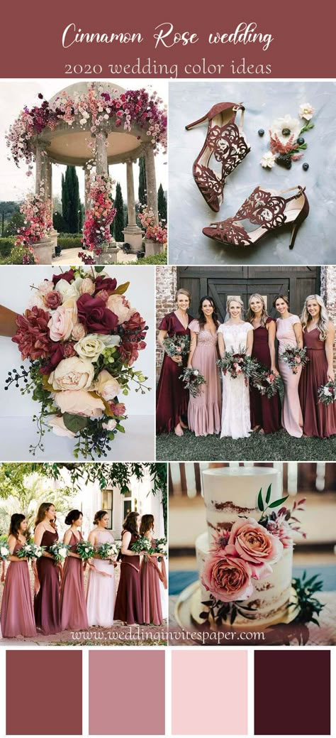 Top 7 Trendy Cinnamon Rose Color Palettes for Wedding 2020 Mauve And Wine Red Wedding, Muted Pink Color Palette Wedding, Cinnamon Rose Wedding Color Scheme Flowers, Mauve And Wine Wedding Colors, Wine Color Scheme Wedding, Wine Color Pallet Wedding, Cinnamon Colored Wedding, Cinnamon Rose And Grey Wedding, Cinnamon Rose And Dusty Rose Wedding