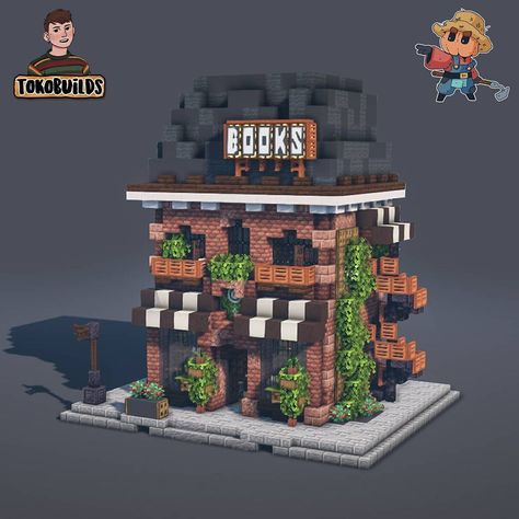 Toko on Instagram: “📒 A Bookstore 📚 A Collab with the amazing builder @bitgardener . I had loads putting this together with him. Def. go check out @bitgardener…” Minecraft Bookstore Build, Minecraft Record Store, Book Store Minecraft, Minecraft Store Build, Minecraft Book Shop, Minecraft Bookstore, Minecraft Library Exterior, Minecraft Shop Ideas, Minecraft Stores