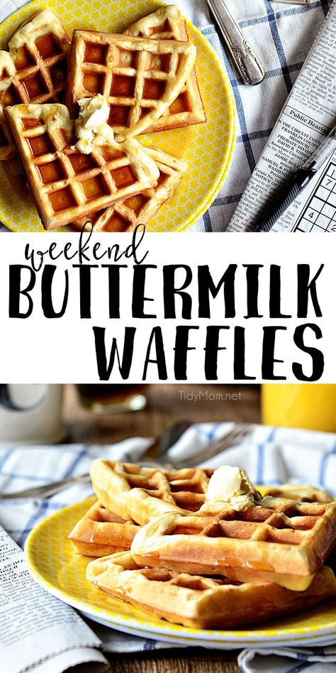 Weekend Buttermilk Waffles. Perfectly crispy on the outside and fluffy on the inside. Enjoy these waffles any day of the week! Get the full recipe at TidyMom.net #waffles #breakfast #recipe Waffles Buttermilk, Classic Waffles, Waffles From Scratch, Buttermilk Waffles Recipe, Waffle Batter, Waffles Breakfast, Waffle Iron Recipes, Buttermilk Waffles, Homemade Waffles