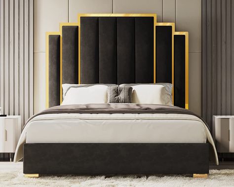 Black And Gold Headboard, Dark Glam Bedroom, Gold Headboard, Gold Bed Frame, Velvet Upholstered Bed, Glam Bedroom, Queen Size Platform Bed, Modern Platform Bed, Bed Black