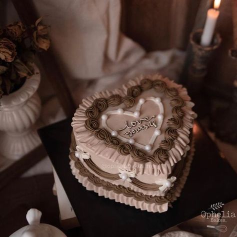 Chocolate Cake Aesthetic Vintage, Brown Vintage Cake, Chocolate Vintage Cake, Dark Academia Cake, Brown Cake Aesthetic, Pink And Brown Cake, Chocolate Heart Cakes, Brown Cake, Buttercream Cake Designs