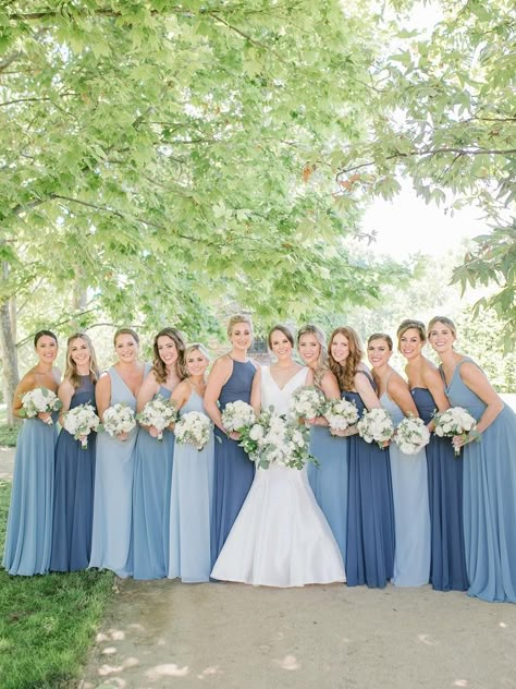 Bridesmaid Dresses In Different Shades Of Blue, Carolina Blue Wedding Colors, Lakeside Wedding Colors, Blue Christmas Wedding Ideas, November Bridesmaids, Mismatch Blue Bridesmaid Dress, Different Blue Bridesmaid Dresses, Blue Color Wedding Theme, Blue Wedding Bridesmaid Dress