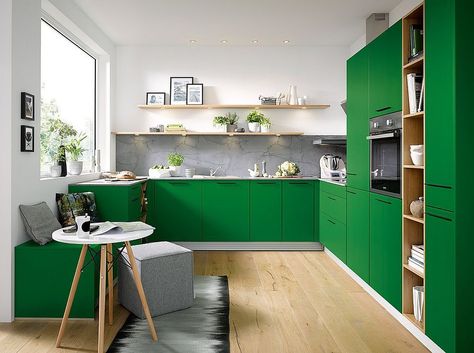 Colorful Kitchen Appliances, White Contemporary Kitchen, Small Farmhouse Kitchen, Dark Green Kitchen, Contemporary Style Kitchen, Bold Kitchen, Urban Kitchen, Industrial Style Kitchen, Green Kitchen Cabinets