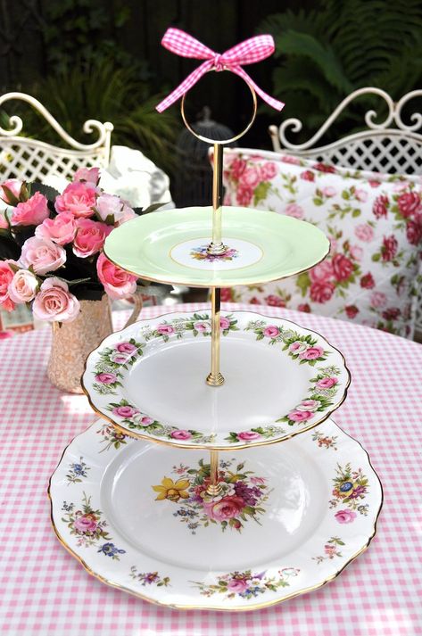 Pale Green and Floral pattern mixed china vintage three tier cake stand for an elegant afternoon tea. cakestandheaven.com Pink Roses Cake, Tea Cake Stand, Pink Rose Cake, Three Tier Cake Stand, Roses Cake, Three Tier Cake, Fruit Plates, Floral China, Patterned Cake