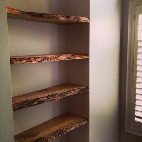 Live Wood Edge Shelves, Reclaimed Wood Shelves Living Room, Raw Edge Shelf, Rough Edge Wood Shelves, Live Edge Bookshelf Built Ins, Live Edge Pantry Shelves, Raw Wood Floating Shelves, Live Edge Wood Floating Shelves, Live Edge Built In Shelves