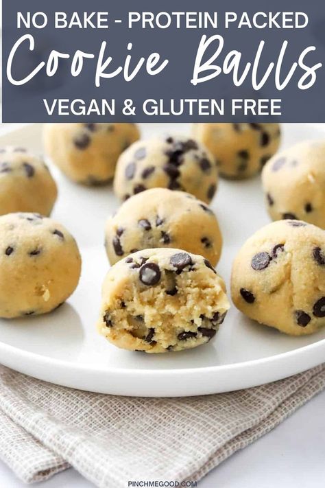 These extremely quick and easy protein balls taste just like cookie dough and they are vegan and gluten free! Gluten Free Edible Cookie Dough, Easy Protein Balls, Protein Cookie Dough Bites, Edible Cookie Dough Bites, Protein Cookie Dough, Healthy Cookie Dough, Protein Cookie, Healthy Cookie, Healthy Protein Snacks