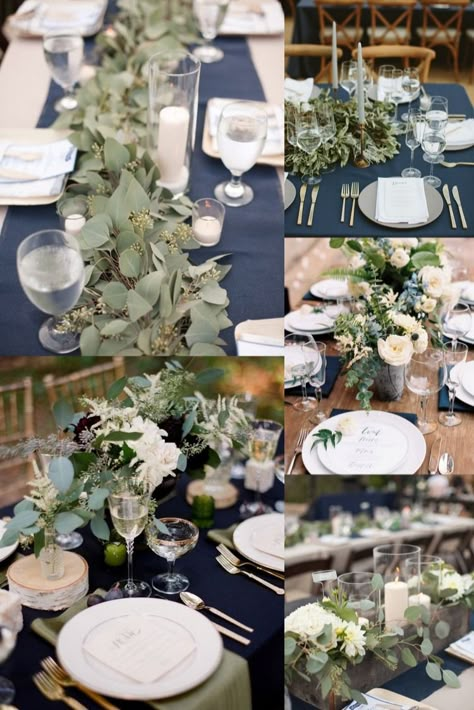 navy wedding color ideas - navy and greenery eucalyptus wedding centerpieces #wedding #weddings #weddingideas #greenweddings #rar #blueweddings Navy And Green Centerpieces, Midnight Blue And Green Wedding, Navy Blue White And Greenery Wedding, Navy Blue Outdoor Wedding, Green And Navy Table Setting, Navy Cream Wedding, Navy Blue And Green Wedding Decorations, Navy And Eucalyptus Wedding Decor, Navy Blue Green Color Palette