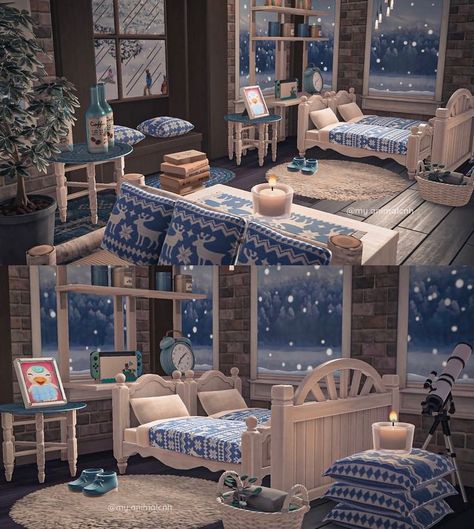 Acnh Interior, Acnh Christmas, Animal Crossing Pc, Fake Window, Winter Bedroom, Ac New Leaf, Happy Home Designer, New Animal Crossing, Christmas Bedroom