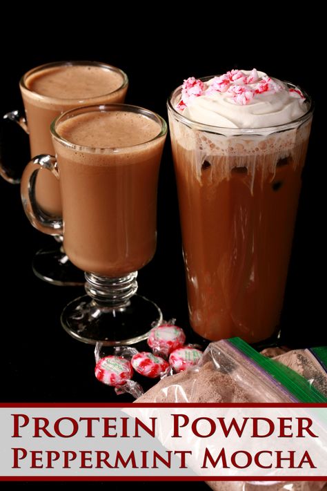 2 keto peppermint mochas and an iced low carb peppermint mocha, along with several baggies of mix. Overlaid text says protein powder peppermint mocha. Peppermint Mocha Protein Shake, Recipe Protein Powder, Keto Peppermint Mocha, Healthy Coffee Drinks Recipes, Protein Powder Recipes Shakes, Peppermint Mocha Latte, Protein Powder Coffee, Mocha Protein Shake, Peppermint Mocha Creamer