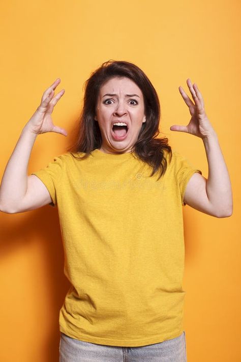 Angry woman screams and raises her arms royalty free stock photography Angry Pictures, Angry Woman, Angry People, Angry Women, Pinch Pot, Angry Face, Stock Photography Free, Scream, Anger