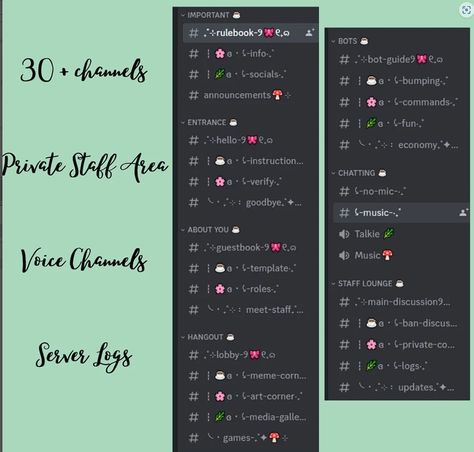 Discord Server Category Ideas, Dc Server Pfp, Discord Role Ideas Aesthetic, Discord Servers Aesthetic, Discord Server Layout Channels, Cottagecore Discord Server, Discord Server Templates Aesthetic, Discord Category Ideas, Discord Rp Server