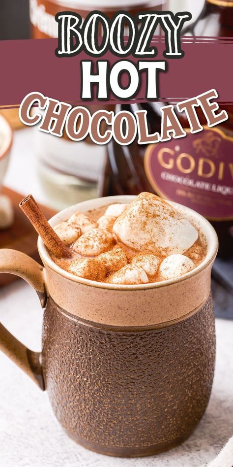 Boozy Hot Chocolate Chocolate Alcoholic Drinks, Godiva Chocolate Liquor, Boozy Hot Chocolate, Holiday Hot Chocolate, White Chocolate Liqueur, Alcohol Beverages, Christmas Charcuterie, Cocoa Drink, Homemade Hot Cocoa