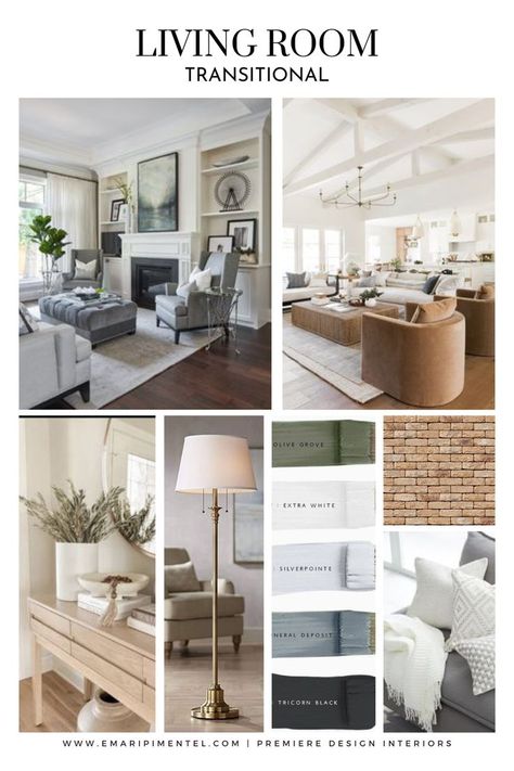 Moodboard for a Transitional Living Room Transitional Living Room Mood Board, Living Room Moodboard, House Color Schemes Interior, Living Room Mood Board, Room Moodboard, Room Mood Board, Transitional Interior Design, Living Room Transitional, Transitional Living Room