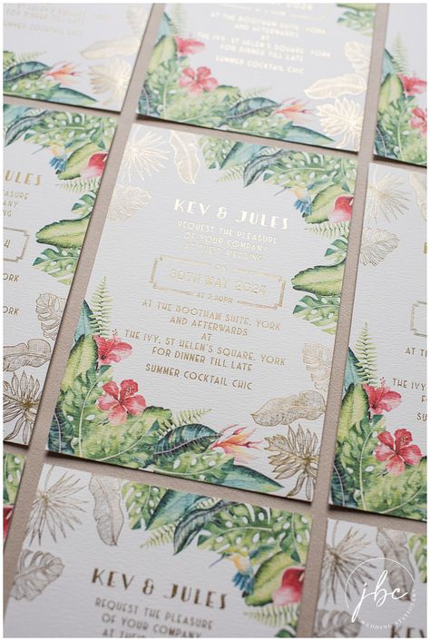 Gold foil pressed wedding invitations with tropical print design and art deco style fonts. Perfect for a wedding at the Ivy or even in Hawaii!    #weddinginvitation #destinationwedding #tropicalwedding #goldfoilinvites #weddinginvites #bespokeweddinginvites #bespokeweddingstationery #hawaiiwedding #beachwedding Hawaii Wedding Invitations, Pressed Wedding Invitations, Art Deco Wedding Invitations, Gold Foil Invitation, Gold Foil Wedding Invitations, Bespoke Wedding Stationery, Foil Pressed Wedding Invitations, Tropical Wedding Invitations, Wedding Stationery Suite