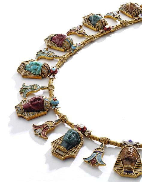 Egyptian Revival Jewelry, Egypt Jewelry, Ancient Egyptian Jewelry, Brown Jasper, Egyptian Necklace, Green And Turquoise, Flower Motifs, Long Pearl Necklaces, Green Jasper