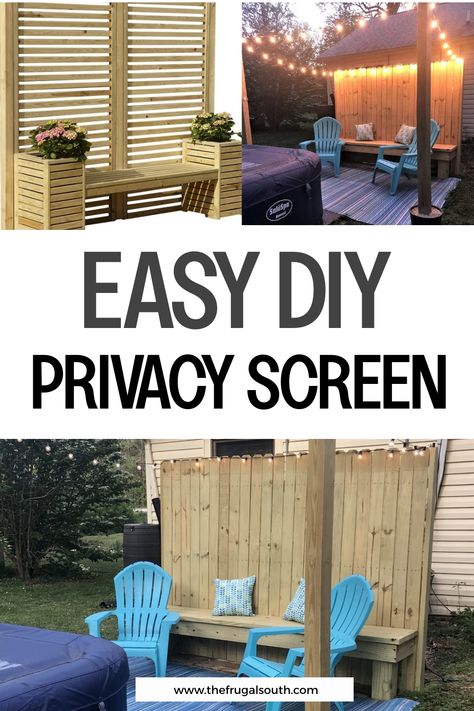 Easy DIY privacy screen pictured in various backyard settings with blue chairs, plants, and string lights. Diy Garden Screen, Outdoor Patio Ideas On A Budget Diy Privacy Screens, Privacy Screen Outdoor Diy Cheap, Diy Privacy Screen Outdoor, Renter Friendly Backyard Ideas, Outdoor Oasis On A Budget, Diy Outdoor Privacy Screen, Easy Outdoor Diy, Diy Outdoor Privacy