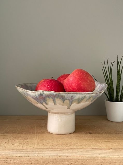 Handmade Ceramic Pedestal Bowl by LauraBoardmanCeramic on Etsy Ceramics Fruit Bowl, Flowing Pattern, Ceramic Pedestal, White Pedestal, Unique Fruit, Ceramic Fruit Bowl, Ceramic Fruit, Pinch Bowls, Ceramic Soap Dish