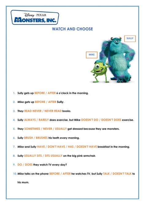 Monsters inc - Interactive worksheet Monsters Inc Worksheets, Monsters Inc Movie, English Preschool, Disney Activities, Vocabulary Exercises, English Exercises, Movie Club, Activities For Teens, Play School