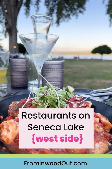 An outdoor restaurant table set with food and cocktails, with a blurred view of a lake in the background. Seneca Lake Wine Trail, Seneca Lake Things To Do, Finger Lakes Wineries, Catskills Ny, Seneca Lake, Smoked Ribs, Watkins Glen, Lake Trip, The Finger Lakes