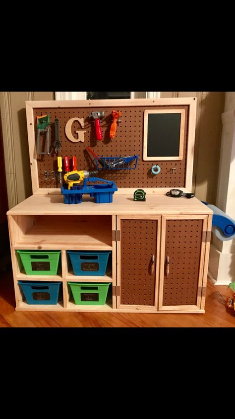 Diy kids tool bench Diy Tool Bench Workbenches, Kids Workbench Diy, Kids Tool Bench Diy, Diy Kids Tool Bench, Tool Bench For Kids, Diy Kids Workbench, Kids Work Bench, Toddler Workbench, Toddler Tool Bench