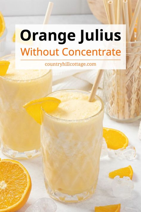 See how to make homemade Orange Julius without concentrate! It really is the best and tastes just like the original. This easy DIY orange Julius smoothie recipe so simple and easy to make with just 4 ingredients, including healthy fresh orange juice, sweetened condensed milk, vanilla, and ice. The copycat orange shake with fresh oranges is a quick iced drink you'll crave time and again to cool you off all summer long. Can also be made with strawberries and bananas. | CountryHillCottage.com Orange Julius Recipe Original, Orange Recipes Easy, Orange Julius Smoothie Recipe, Easy Orange Julius Recipe, Orange Milkshake, Orange Julius Smoothie, Orange Julius Recipe, Orange Juice Smoothie, Orange Juice Recipes