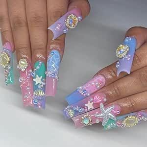 Mermaid Acrylic Nails, Purple Fake Nails, Press On Nails Square, Pink White Nails, Birthday Nail Designs, Press On Nails Long, Long Press On Nails, Gel Nail Kit, White Nail Art