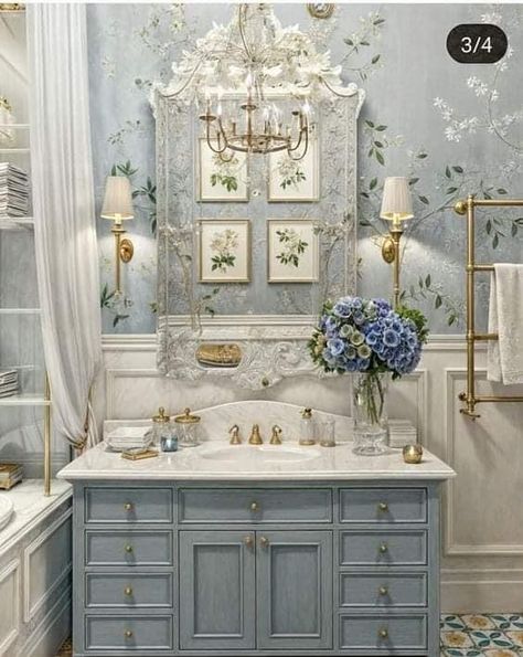 Drømme Bad, Baños Shabby Chic, Mediterranean Bathroom, Bath Trends, Powder Room Vanity, French Country Bathroom, Pretty Bathrooms, Yellow Wall, Bathroom Design Decor