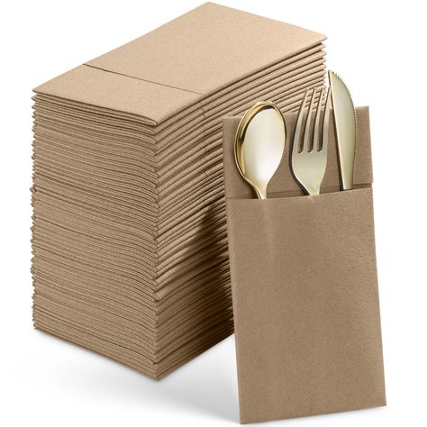 PRICES MAY VARY. HIGH-END DISPOSABLE NAPKINS WITH POCKET FOR SILVERWARE - These pocket napkin are perfect for incorporating an upscale look in your table settings while still offering the convenience of disposable napkins! PRACTICAL & SANITARY - Featuring a divided pocket for utensils, no matter which way you insert the utensils, the cutlery easily fits into the pre-folded pocket to ensure the sanitation of your utensils while also keeping the settings stationary on each table. HIGH QUALITY - Th Napkins At Wedding, Table Setting With Paper Napkins, Simple Elegant Wedding Table Settings, Ways To Fold Paper Napkins, Disposable Wedding Table Settings, Wedding Place Settings Without Plates, Dinner Party Decorations Table, Party Place Settings, Baby Shower Table Set Up