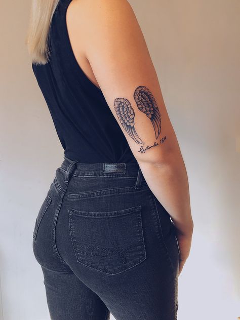 Angel wings tattoo back of arm Angel Wing Arm Tattoo, Wing Tattoos On Wrist, Wing Neck Tattoo, Wings Tattoo Meaning, Small Angel Wing Tattoo, Heart With Wings Tattoo, Wing Tattoos On Back, Tattoo Son, Mini Angel