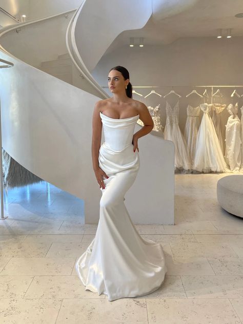 Temptress Strapless | CORSTON COUTURE Fitted Plain Wedding Dress, Wedding Dresses With Scarf, Silk Corset Wedding Dress, Corston Couture, Satin Neck Scarf, Moh Dress, Slip Wedding Dress, Corset Wedding Dress, Plain Wedding Dress