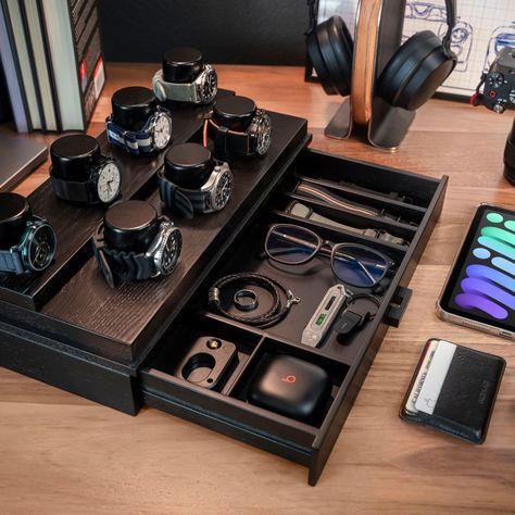 Elevate your bedside essentials with our men's nightstand organizer. Sleek design, maximum functionality. 🌙 #NightstandOrganization #MensAccessories #BedsideEssentials #MansInspiration Man Jewelry Box Storage, Mens Jewelry Box, Nightstand Organization, Watch Display Case, Mens Watch Box, Desk Organiser, Christmas Gift For Him, Watch Stand, Watch Storage