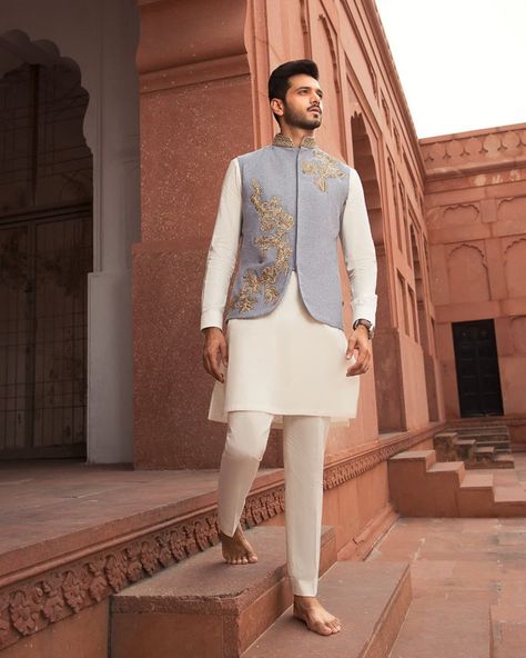 Engagement Suits, Indian Wedding Clothes For Men, Waistcoat Designs, Hand Embellishment, Wedding Kurta For Men, Groom Dress Men, Wedding Dresses Men Indian, Gents Kurta, Mens Kurta Designs