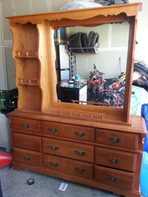 BIG & Chunbky 80's Dresser Re-Creation #1 - I Like 'em Big...I Like 'em Chunky.... Remember these HUGE chunky bedroom sets we had as kids?  Did I just date myse… 70s Bedroom Furniture Makeover, 80s Bedroom Furniture Makeover, Large Dresser Makeover, Old Dresser Mirror Ideas Repurposed, 80s Dresser Makeover, Dresser With Mirror Makeover, Sabrina House, Big Dresser, 80s Furniture