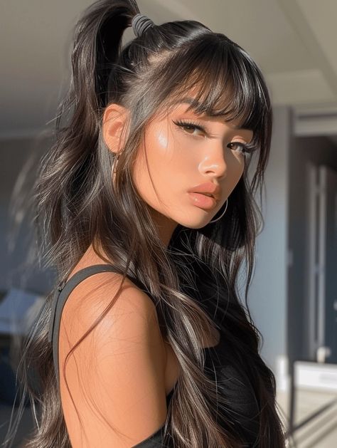 30 Charming Ponytails with Bangs: A 2024 Style Guide Straight Bangs Ponytail, Edgy Ponytail Hairstyles, Bangs In A Ponytail, Long Ponytail With Bangs, Sleek Ponytail With Bangs, Ponytail Hairstyles With Bangs, Ponytail And Bangs, Long Straight Bangs, Ponytails With Bangs