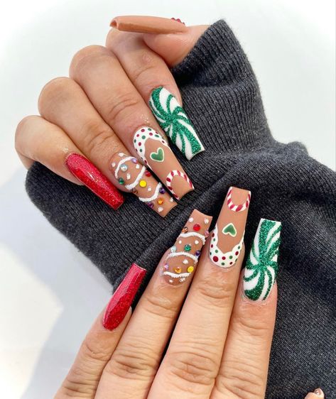 Medium Coffin Christmas Nails, A Christmas Story Nails, Santa Hat Nails Coffin, Christmas Nails Coffin Shape, Creepmas Nails, Christmas Maximalist Nails, Christmas Nails Coffin, Christmas Character Nail Art, Nails Coffin Shape